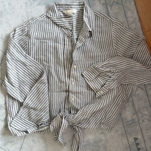 H&M Striped Tie-Front Linen Shirt - White & Sage Green